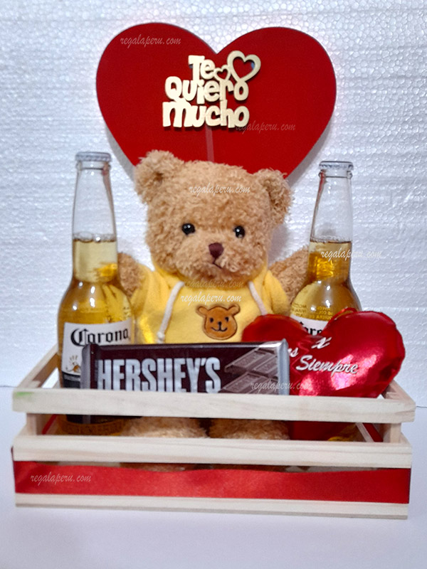 Canasta Regalo San Valentín con Chocolates y Peluche Osito Amor